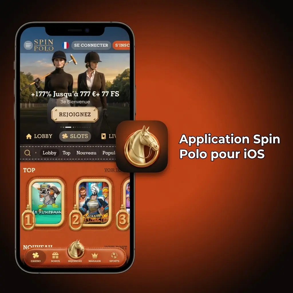 Application Spin Polo iOS sur iPhone et iPad, interface optimisée pour paris sportifs et casino live, gratuite et disponible dès iOS 13