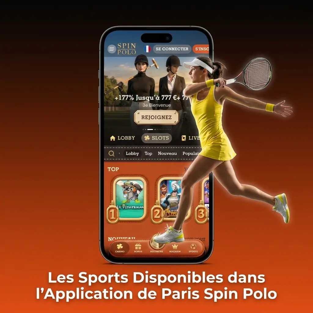Application Spin Polo affichant les sports disponibles : football, tennis, basketball, rugby, eSports et plus pour parier en live.