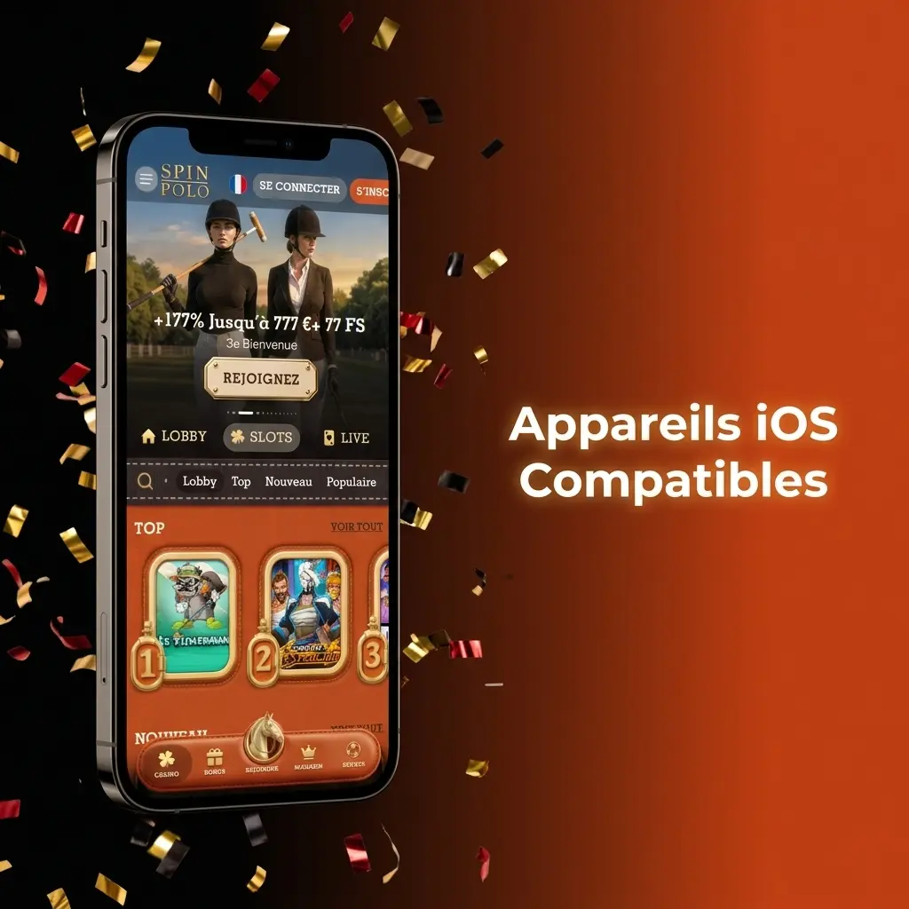 Liste des appareils iOS compatibles avec l'application Spin Polo, incluant iPhone X à 17 et iPad Air/Pro récents