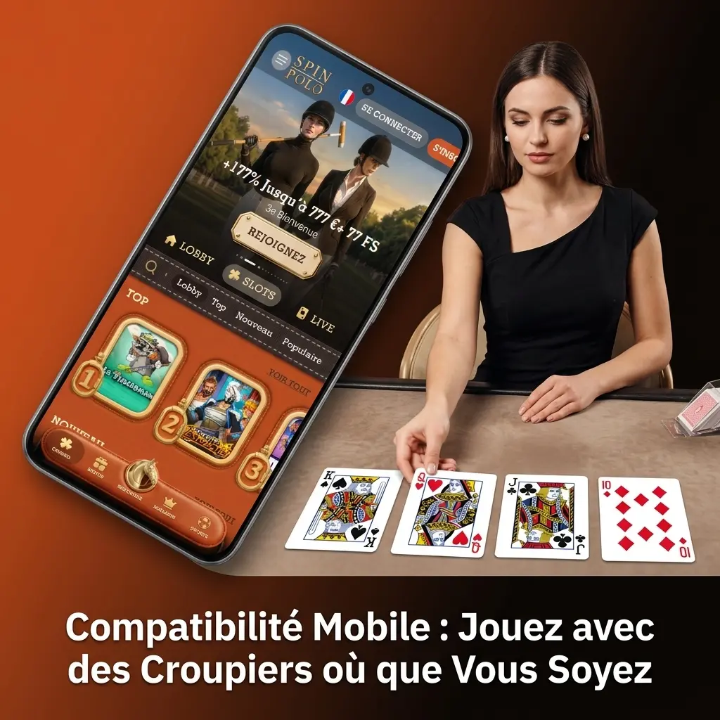 Interface mobile Spin Polo live casino adaptée iOS et Android, flux vidéo HD en direct avec croupier accessible partout